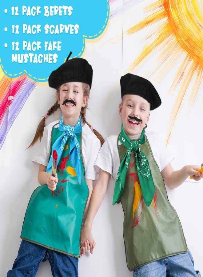 Fourluoo 36 Pcs French Beret Set for Kid Paris Themed Hat Artist Girl Beret Neck Scarf Fake Mustache for Winter Cosplay Party(Black) - Image 2
